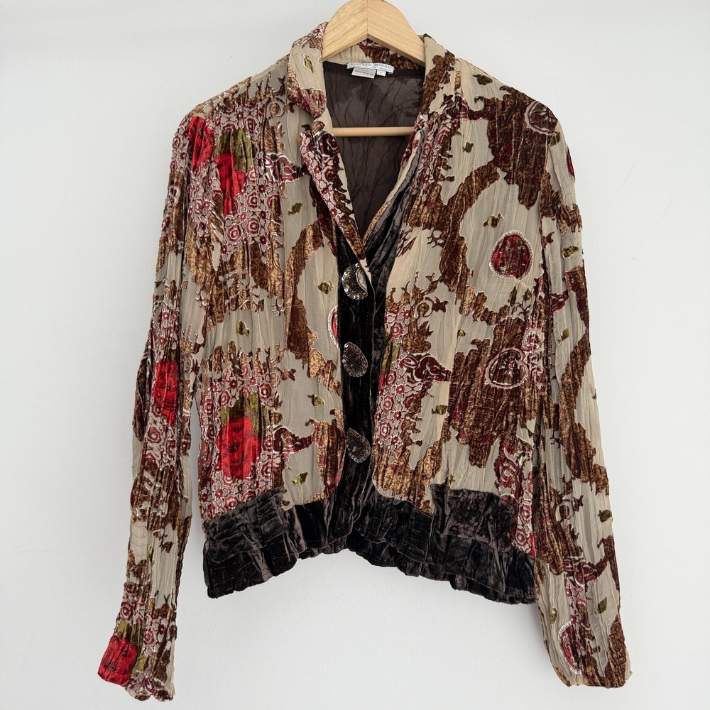 Alberto Makali Shirt Jacket Large Brown Velvet Burnout Floral Silk Boho Whimsy